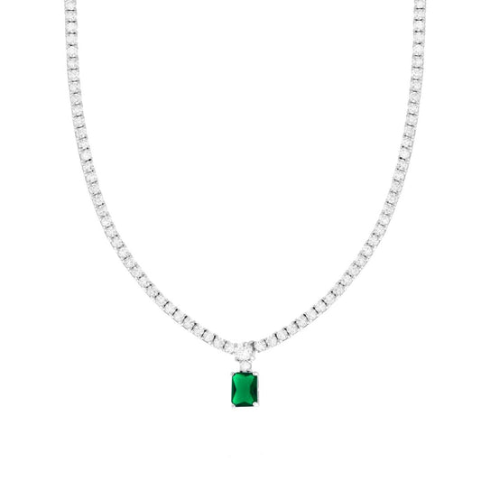 Tennis-Halskette mit grünem Smaragd-Rechteck und weißen Cubic Zirconia, aus 925er Silber galvanisch rhodiniert - MeinSchmuckShop