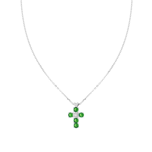 Kette mit Forzatina-Gliedern, diamantiert, mit Kreuz aus Cubic Zirconia in Grün, Smaragdgrün und Weiß, aus Silber 925, galvanisch rhodiniert. - MeinSchmuckShop