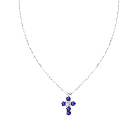 Kette Forzatina diamantiert mit Kreuz aus Cubic Zirconia in Blau, Saphir und Weiß aus 925er Silber, rhodiumbeschichtet - MeinSchmuckShop