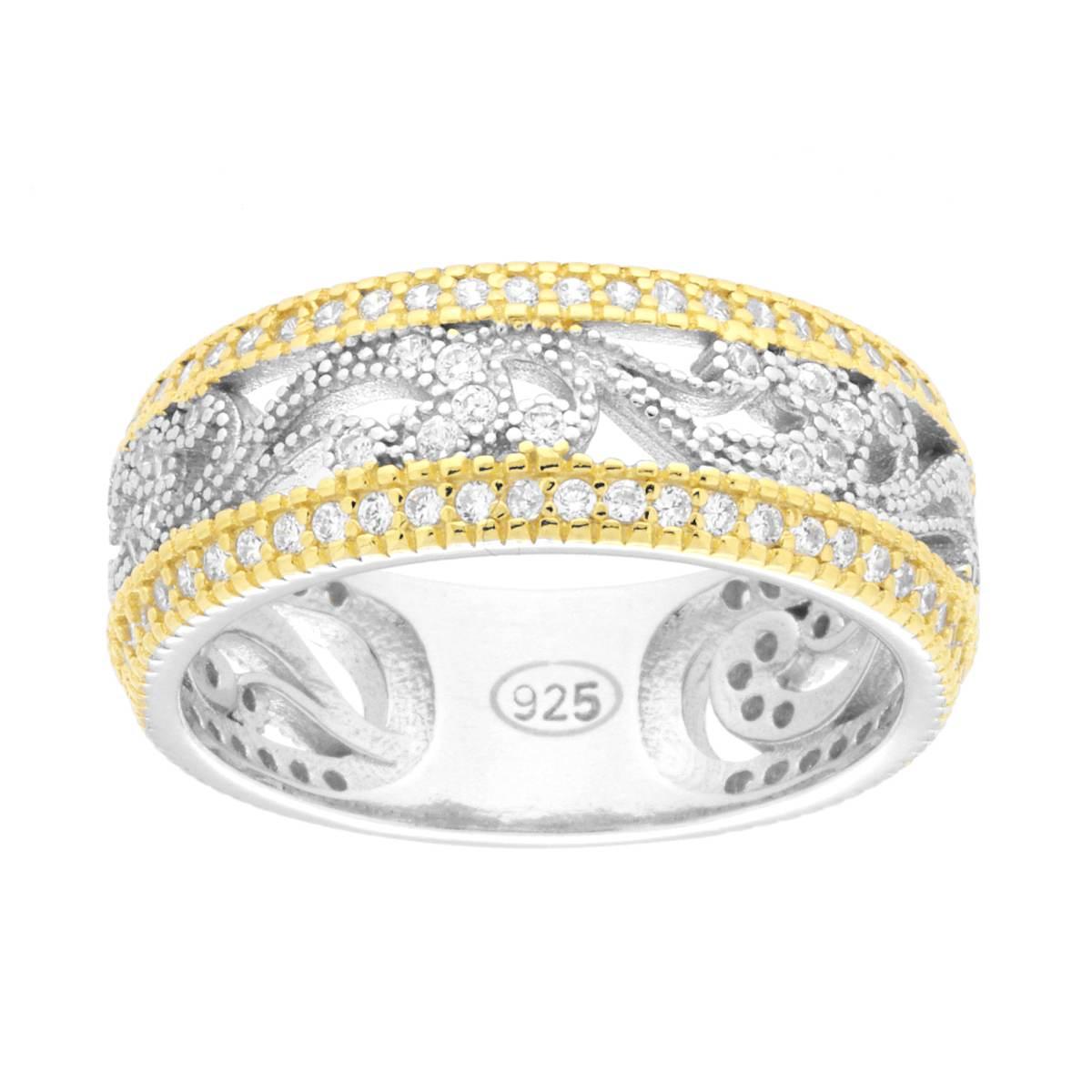 Ringband mit ornamentalem Muster, weiße Zirkonien, Silber 925, galvanisch rhodiniert und goldbeschichtet. - MeinSchmuckShop