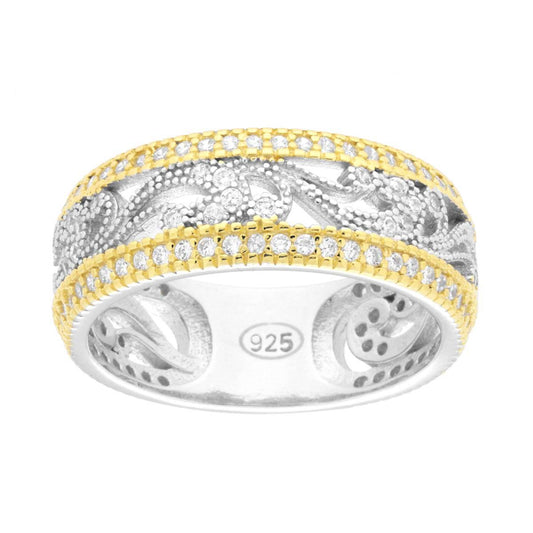 Ringband mit ornamentalem Muster, weiße Zirkonien, Silber 925, galvanisch rhodiniert und goldbeschichtet. - MeinSchmuckShop