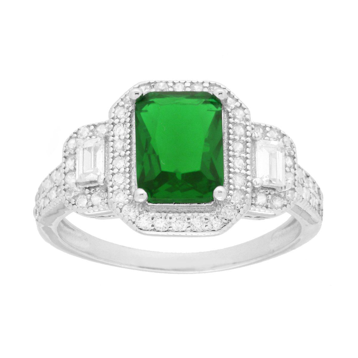 Ring mit rechteckigem smaragdgrünen Stein, umrandet von weißen Baguette-Cubic-Zirconia, rhodiniert in Silber 925. - MeinSchmuckShop