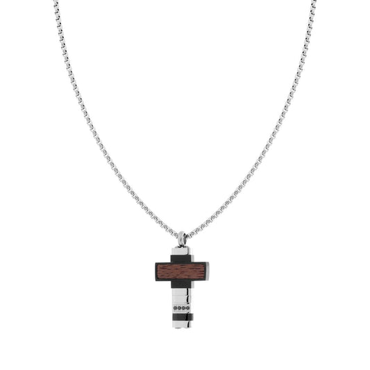 Venezianische Rundkette mit Kreuz, aus Holz und schwarzen Kristallen, aus Edelstahl - MeinSchmuckShop