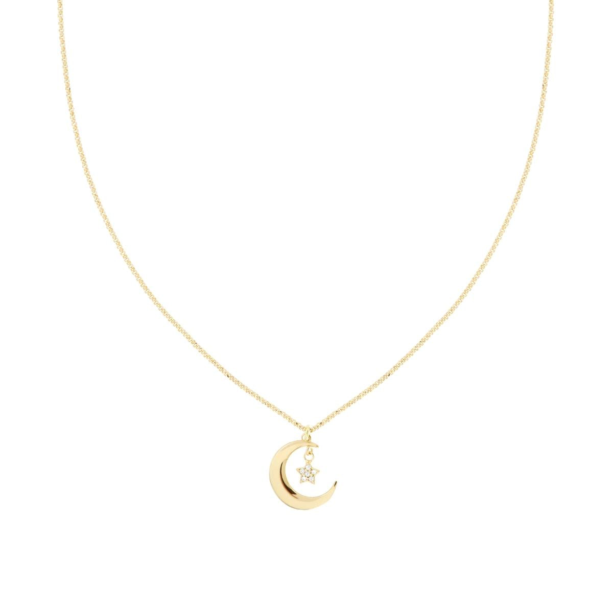 Halskette Rolo-Kette diamantiert mit Mond, Stern und weißen Cubic Zirconia; aus 925er Silber, galvanisch vergoldet - MeinSchmuckShop