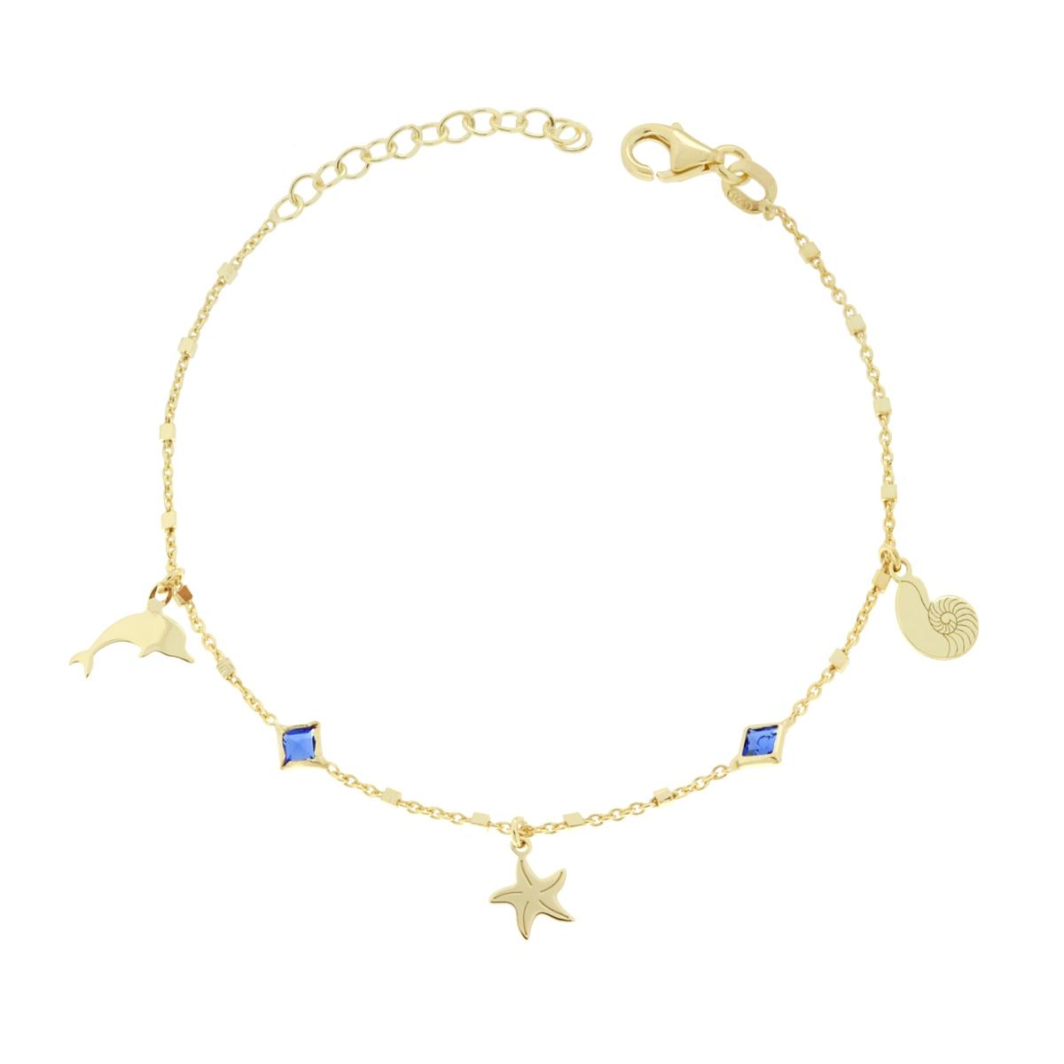Armband mit feiner Kette, Muschel, Delfin und Stern-Anhängern, sowie Cubic Zirconia Blau Saphir, aus 925er Silber, galvanisch vergoldet - MeinSchmuckShop