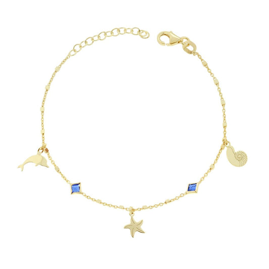 Armband mit feiner Kette, Muschel, Delfin und Stern-Anhängern, sowie Cubic Zirconia Blau Saphir, aus 925er Silber, galvanisch vergoldet - MeinSchmuckShop