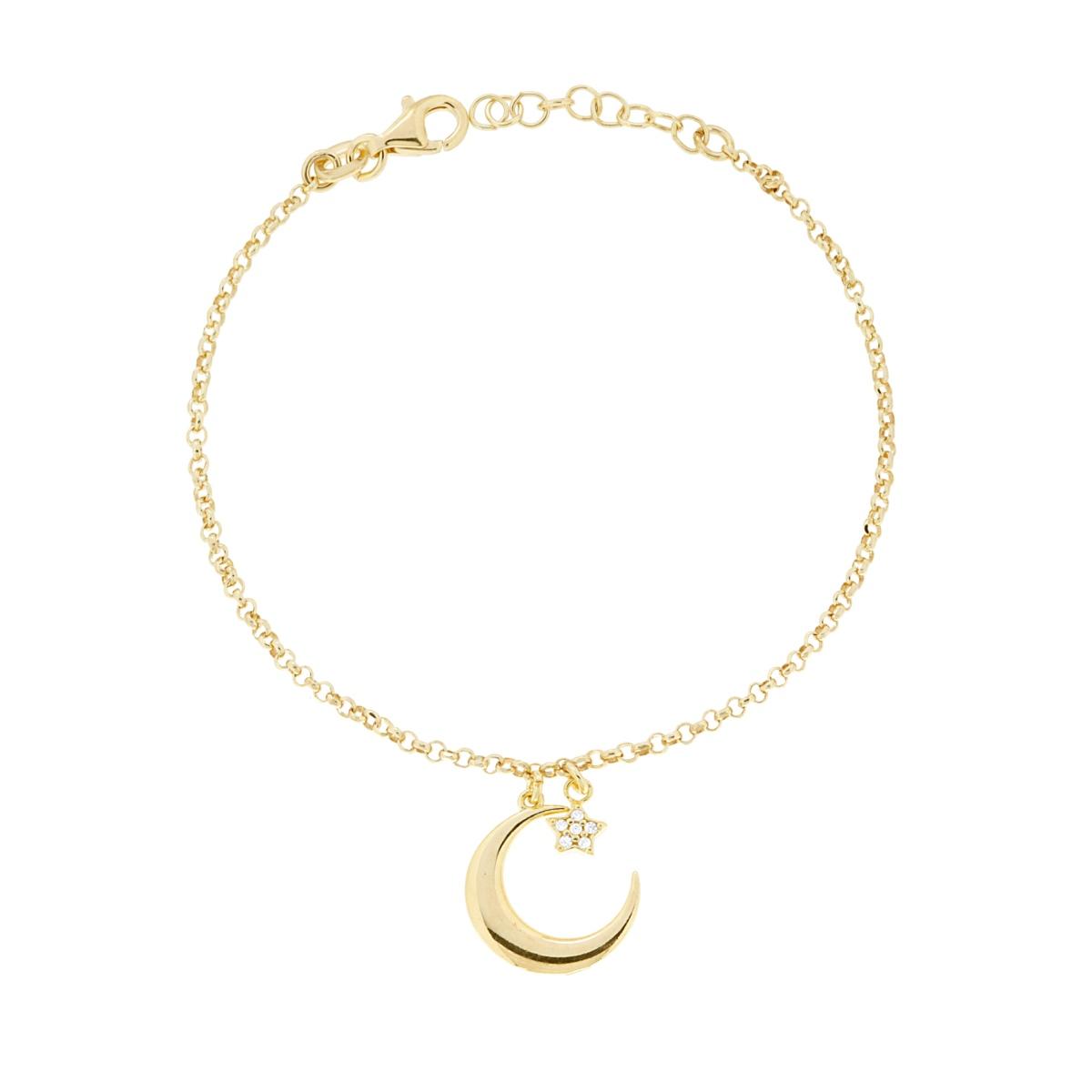 Diamantierte Rolo-Kette Armband mit Mond, Stern und weißen Cubic Zirconia aus 925er Silber, goldbeschichtet - MeinSchmuckShop