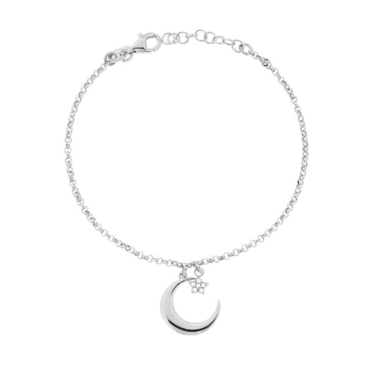 Rolo-Kettenarmband mit Diamanten, Mond- und Herzanhänger sowie weißen Cubic Zirconia, Silber 925, rhodiniert - MeinSchmuckShop