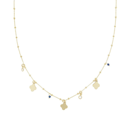 Kette mit feiner Gliederkette und Kugeln, Vierblättrige Kleeblatt-Anhänger, flache Anhänger, Cubic Zirconia Weiß und Crystal Blau, in Silber 925, Gold galvanisiert - MeinSchmuckShop