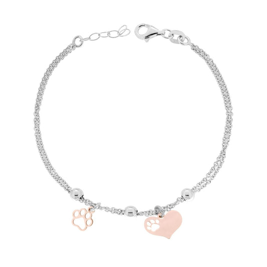 Zwei-Faden-Armband mit Forzatina-Kette, mit Herzperlen und Hundepfotenabdruck-Pendeln aus 925er Silber, rhodiniert und roségoldbeschichtet. - MeinSchmuckShop