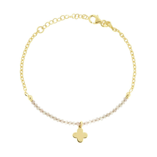 Gliederarmband Diamanta-Kette mit Blume, flacher Anhänger und rosa Kristall Cipria aus Silber 925, Goldgalvanisiert - MeinSchmuckShop