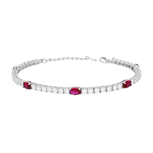 Tennisarmband mit Griffen 17+3 cm, mit ovalen Cubic Zirconia, rubinrot und weiß, aus 925er Silber, rhodiniert. - MeinSchmuckShop