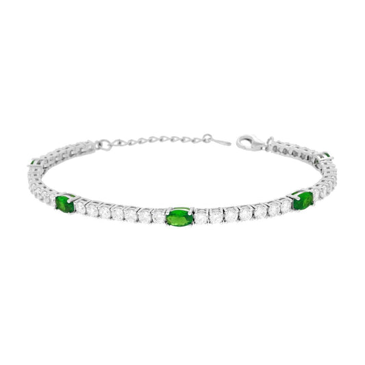 Tennisarmband 17+3 cm mit ovalen Cubic Zirconia in Smaragdgrün und Weiß, Silber 925 rhodiniert - MeinSchmuckShop