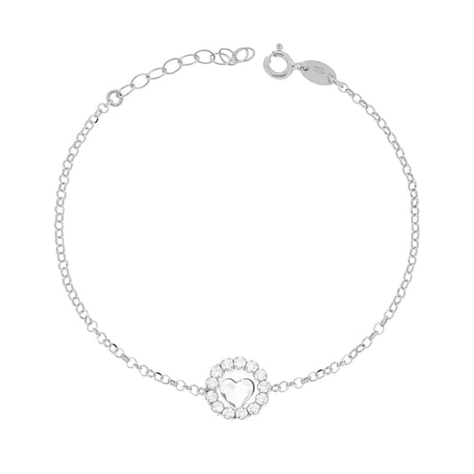 Diamantierte Rolo-Kette mit Rundanhänger und Herz, mit weißen Cubic Zirconia, aus 925er Silber, rhodiniert - MeinSchmuckShop