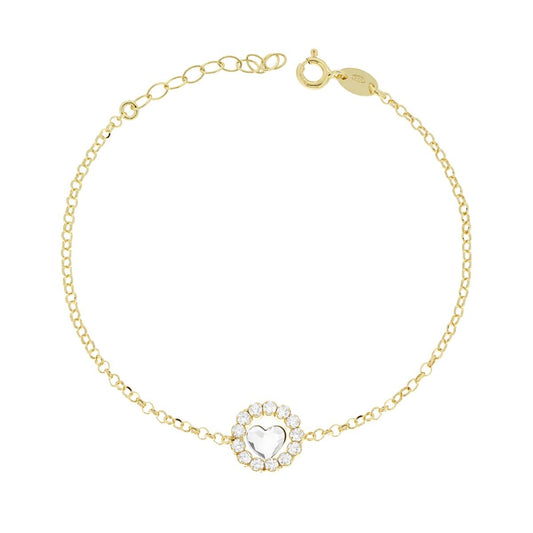 Armband mit Rolo-Kette, diamantiert, mit Rundteil und Herz, mit weißen Cubic Zirconia, aus 925er Silber, galvanisch vergoldet - MeinSchmuckShop