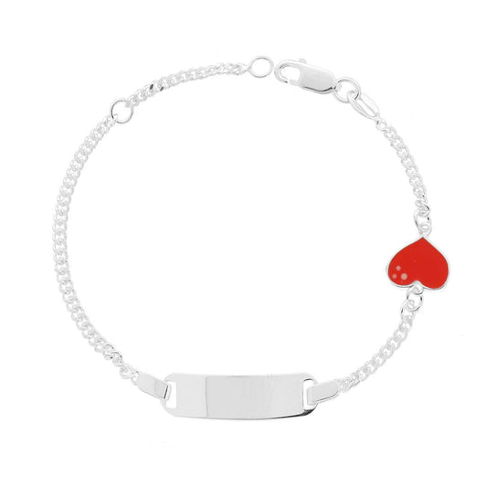 Kinderarmband, diamantierte Grumetta-Kette mit rechteckiger Plakette und rotem Emaille-Herz, Silber 925 - MeinSchmuckShop