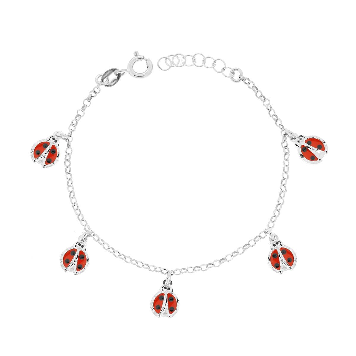 Kinderarmband mit Rolo-Kette, diamantierte Anhänger mit Marienkäfern, roter Emaille, aus 925er Silber - MeinSchmuckShop
