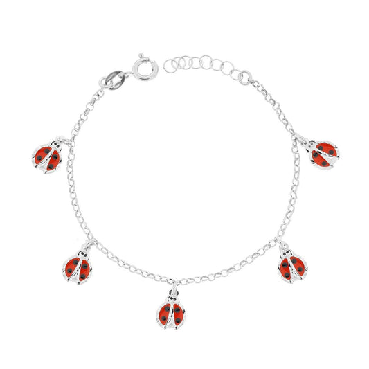 Kinderarmband mit Rolo-Kette, diamantierte Anhänger mit Marienkäfern, roter Emaille, aus 925er Silber - MeinSchmuckShop