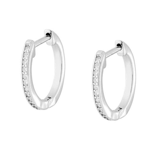 Ohrringe Creolen mit Schnappverschluss, 14 mm, mit weißen Cubic Zirconia, aus 925er Silber, rhodiniert - MeinSchmuckShop