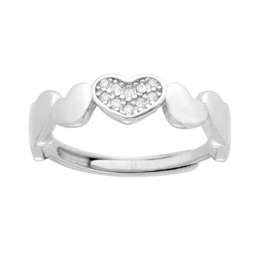 Ringband mit schlichten Herzen und einem zentralen Herz mit weißen Zirkonien aus 925er Silber rhodiniert - MeinSchmuckShop