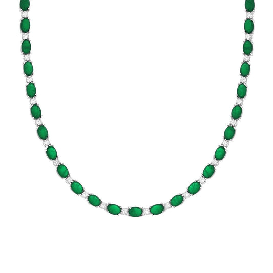 Kette Tennisoval Smaragdgrün und weiße Cubic Zirconia aus 925er Silber, rhodiniert. - MeinSchmuckShop