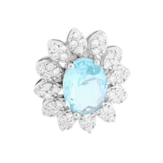 Ovaler Aquamarin-Blumenanhänger, umgeben von weißen Cubic-Zirkonien, aus 925er Silber, galvanisch rhodiniert. - MeinSchmuckShop