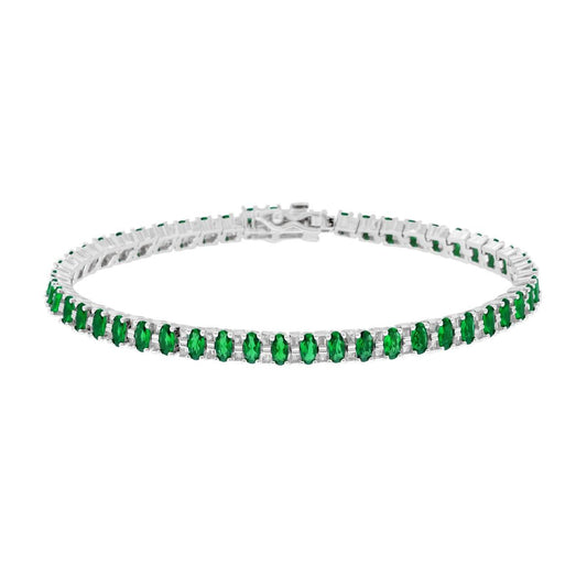 Tennisarmband mit Krappenfassungen für ovale smaragdgrüne Steine und weiße Cubic Zirconia, Silber 925, rhodiniert - MeinSchmuckShop