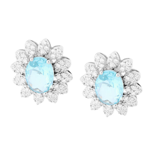 Ohrringe: ovaler Aquamarin-Blume, umrahmt von weißen Cubic Zirconia, aus 925er Silber, rhodiniert galvanisch. - MeinSchmuckShop