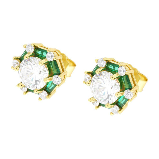 Sechseckige Ohrringe mit Cubic Zirconia in Smaragdgrün und Weiß, aus 925er Silber, goldgalvanisch beschichtet - MeinSchmuckShop