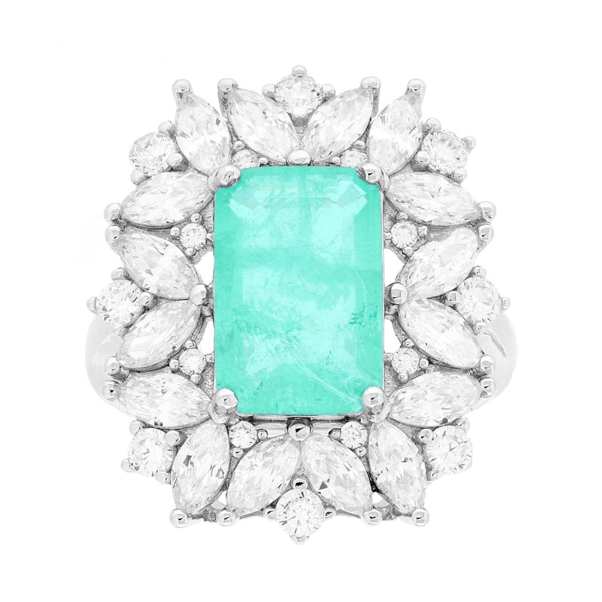Rechteckiger Paraiba-Turmalin, umgeben von weißen Marquise-Kubikzirkonien, aus 925er Silber rhodiumbeschichtet - MeinSchmuckShop