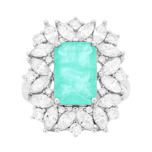 Rechteckiger Paraiba-Turmalin, umgeben von weißen Marquise-Kubikzirkonien, aus 925er Silber rhodiumbeschichtet - MeinSchmuckShop