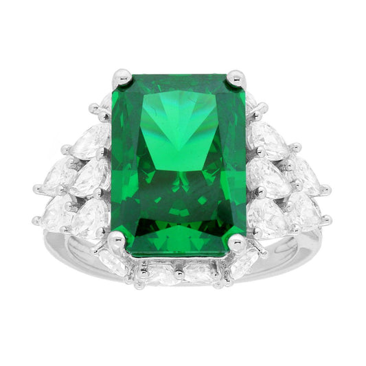 Solitärring Smaragdgrün, umgeben von weißen Cubic-Zirconia-Tropfen, in 925er Silber rhodiniert - MeinSchmuckShop