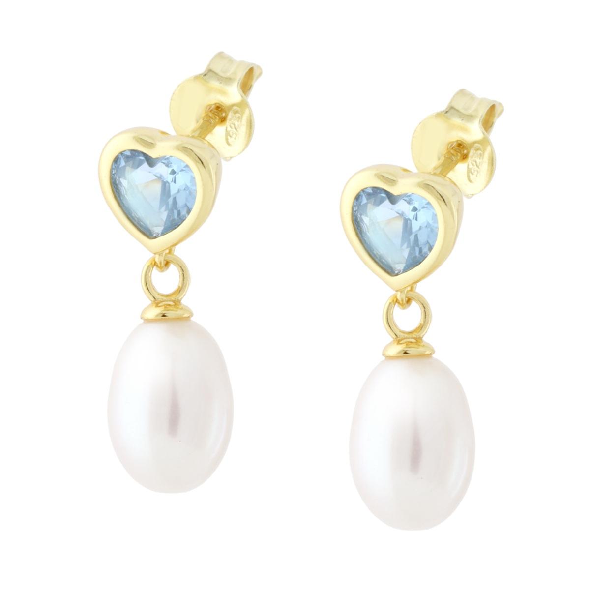Herzförmige Ohrringe mit Cubic Zirconia, Aquamarin und Flussperle, Anhänger aus 925er Silber, galvanisch vergoldet - MeinSchmuckShop