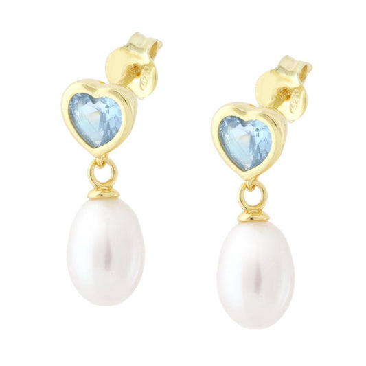 Herzförmige Ohrringe mit Cubic Zirconia, Aquamarin und Flussperle, Anhänger aus 925er Silber, galvanisch vergoldet - MeinSchmuckShop