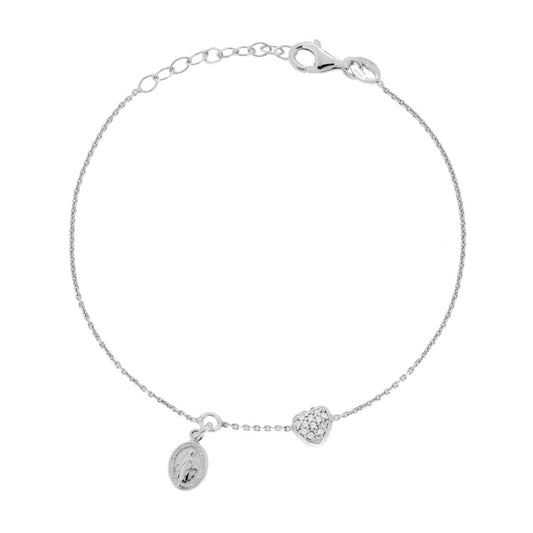 Armband mit diamantierter Forzatina-Kette, mit Madonna Miracolosa und Herz aus weißem Cubic Zirconia, in Silber 925 rhodiniert. - MeinSchmuckShop