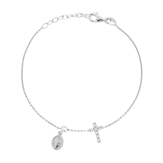 Armband mit diamantierter Ankerkette, Madonna Miracolosa und Kreuz aus Cubic Zirconia, weiß, aus 925er Silber rhodiniert - MeinSchmuckShop