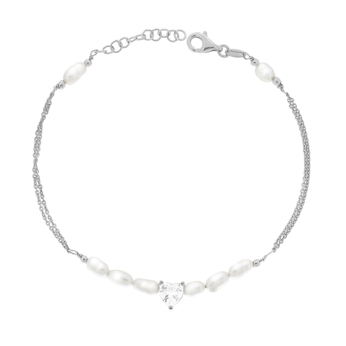 Armband mit zwei Fadenketten Forzatina Diamantiert, mit Perlen und weißem Herz aus Cubic Zirconia, aus 925er Silber, rhodiniert galvanisch - MeinSchmuckShop