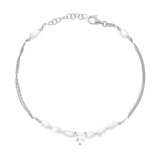 Armband mit zwei Fadenketten Forzatina Diamantiert, mit Perlen und weißem Herz aus Cubic Zirconia, aus 925er Silber, rhodiniert galvanisch - MeinSchmuckShop