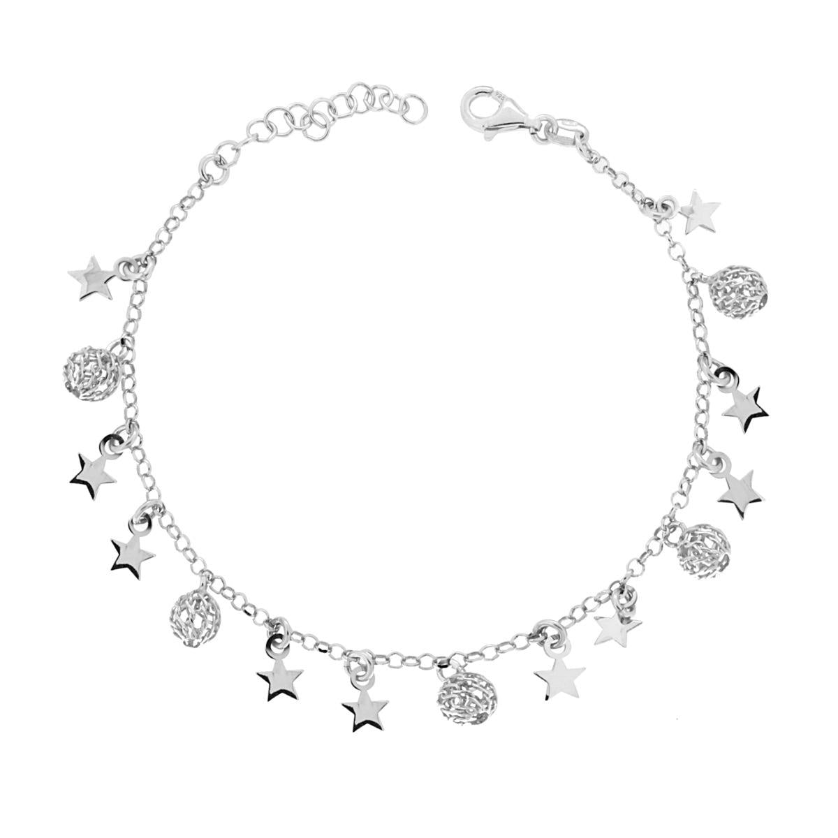 Armband Rolo-Kette diamantiert mit Sternen, glatt, und geriffelten Kugeln aus Silber 925 rhodiniert/plattiert - MeinSchmuckShop
