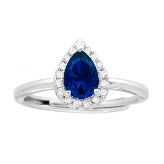 Solitärring mit Halo, Zirkonia in blauem Saphir-Tropfen, umgeben von weißen Zirkonen, aus 925er Silber rhodiniert - MeinSchmuckShop