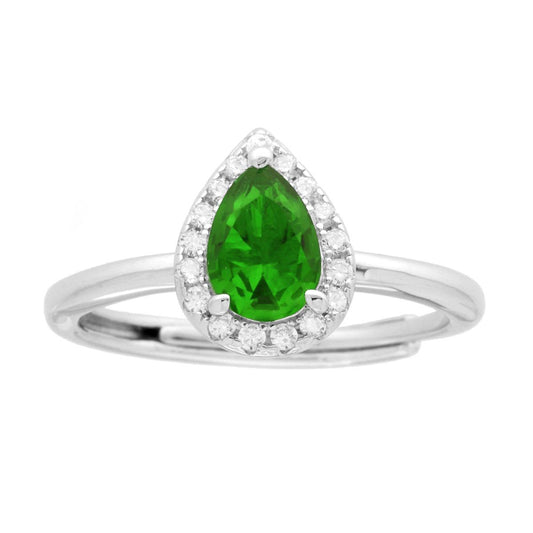Solitärring mit Halo, Zirkonia in emeraldgrüner Tropfenform, umrandet von weißen Zirkonen, aus 925er Silber, rhodiumplattiert - MeinSchmuckShop