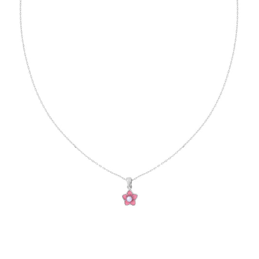 Kette mit diamantierter Ankerkette, mit Blume, rosa Emaille und Perle, aus 925er Silber, rhodium galvanisiert. - MeinSchmuckShop
