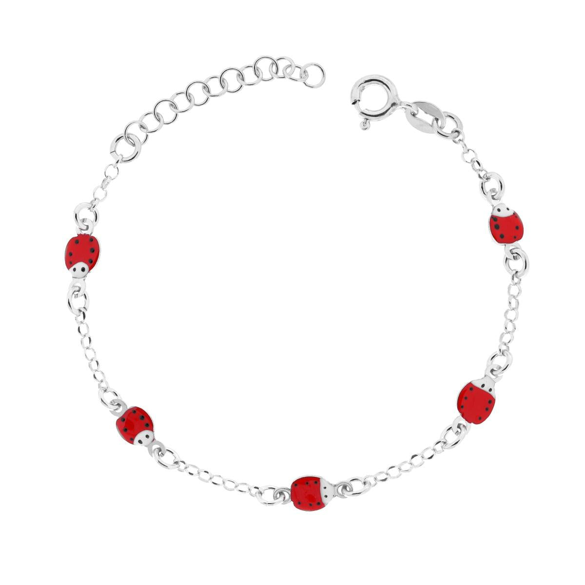 Kinderarmband: Rolo-Kette, diamantiert, mit roten Emaille-Marienkäfern, aus 925er Silber, rhodiniert. - MeinSchmuckShop