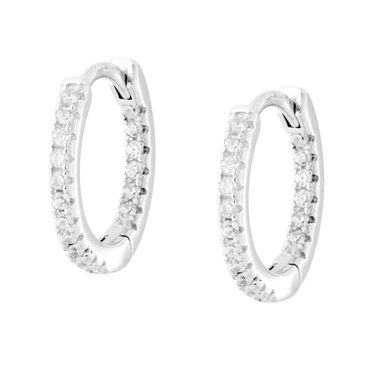 Ohrringe mit Schnappverschluss Ø 15 mm, mit weißen Cubic Zirconia, aus 925er Silber, rhodiumbeschichtet - MeinSchmuckShop