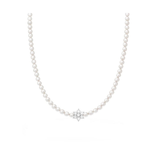 Halskette aus Perlgläsern 4 mm mit zentraler Blüte, weißen Cubic Zirconia, mit Draht und Verschluss aus Silber 925 rhodiumplattiert - MeinSchmuckShop