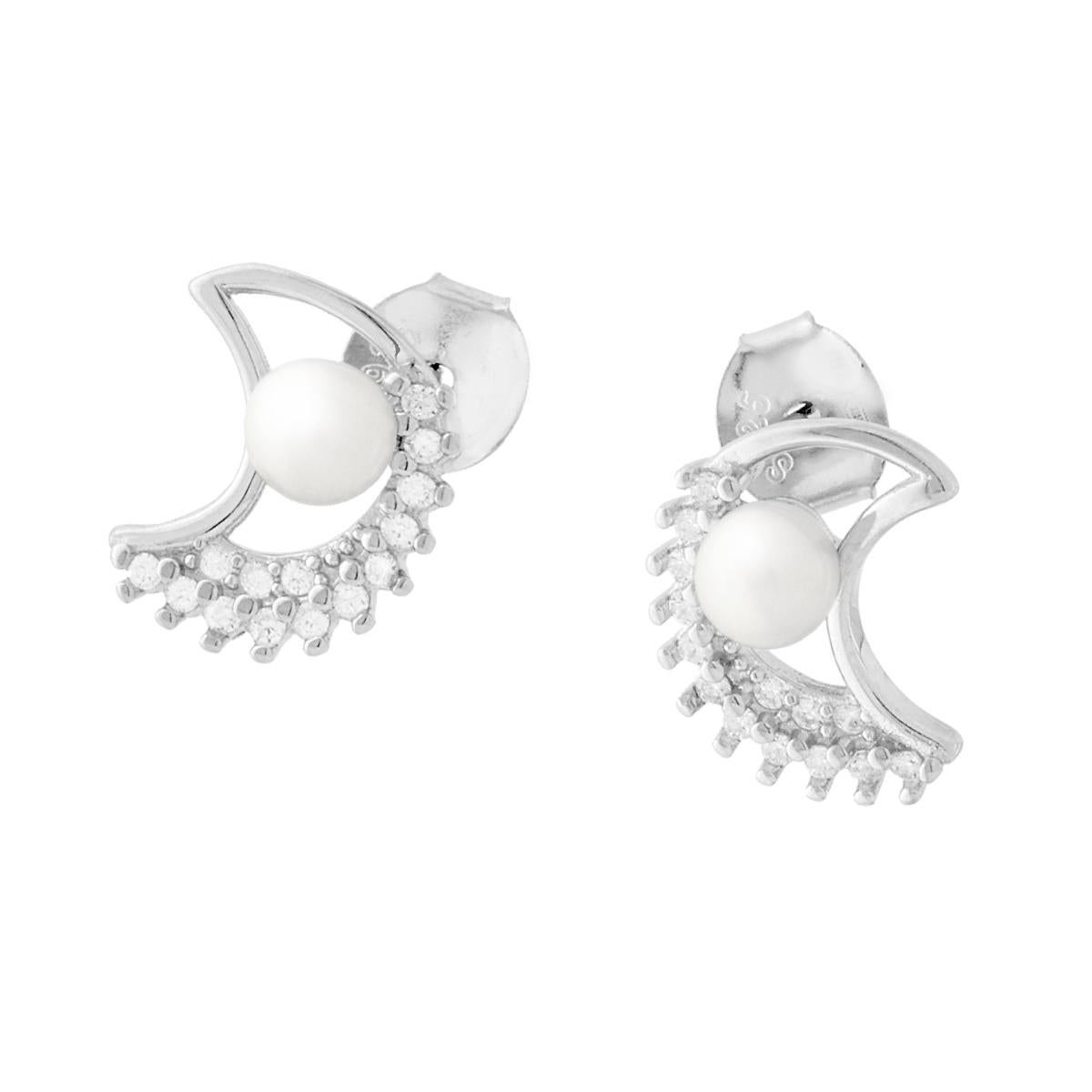 Ohrstecker Mond mit weißer Perle und weißen Cubic Zirconia aus 925er Silber rhodiniert - MeinSchmuckShop