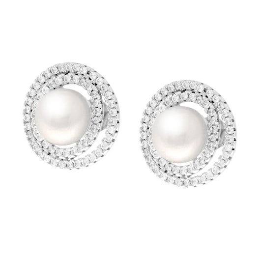 Runde Ohrringe mit Flussperle und weißen Cubic-Zirkonien in 925er Silber, rhodiniert. - MeinSchmuckShop