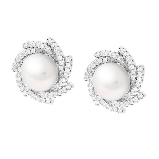 Runde Wirbel-Ohrringe mit Flussperl und weißen Cubic Zirconia, Silber 925, rhodiniert galvanisch. - MeinSchmuckShop