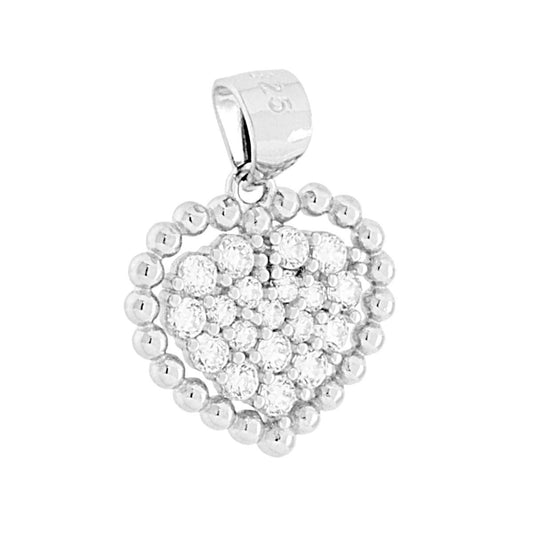 Pallinierter Herz-Anhänger mit weißen Cubic-Zirkonien in 925er Silber, galvanisch rhodiniert. - MeinSchmuckShop