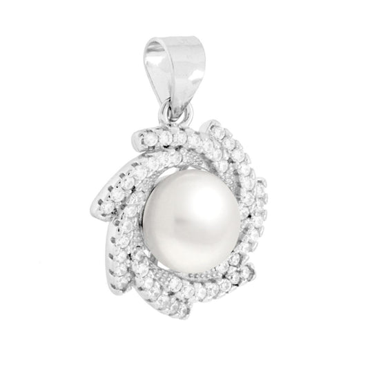 Anhänger Rundwirbel mit Süßwasserperle und weißen Cubic Zirconia, 925er Silber, rhodiniert galvanisch - MeinSchmuckShop